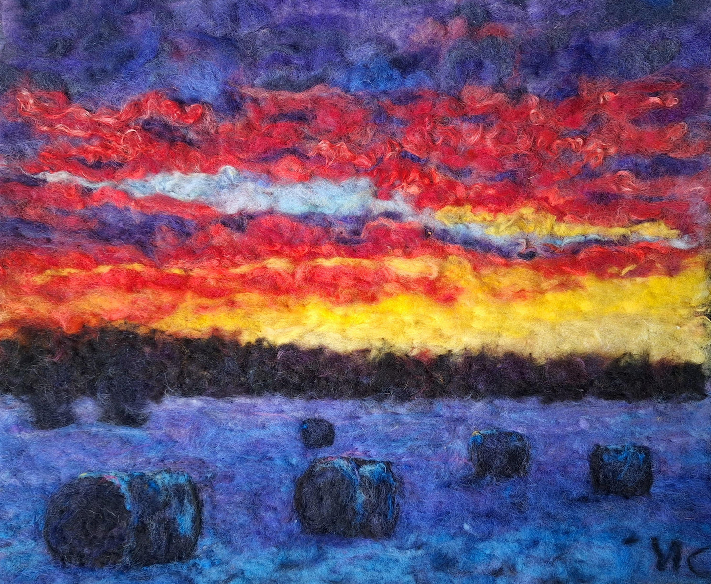 Winter sunset over hay bales, needle-felt painting. 16x20" no frame