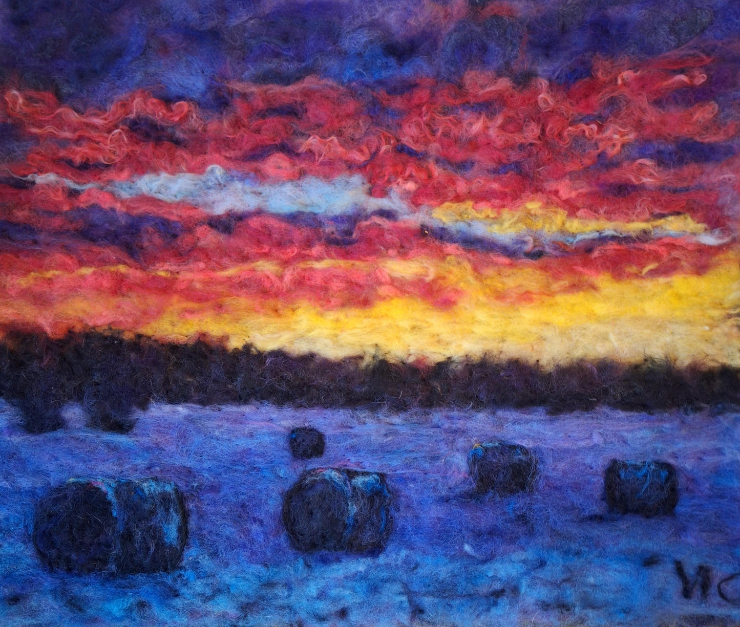 Winter sunset over hay bales, needle-felt painting. 16x20" no frame